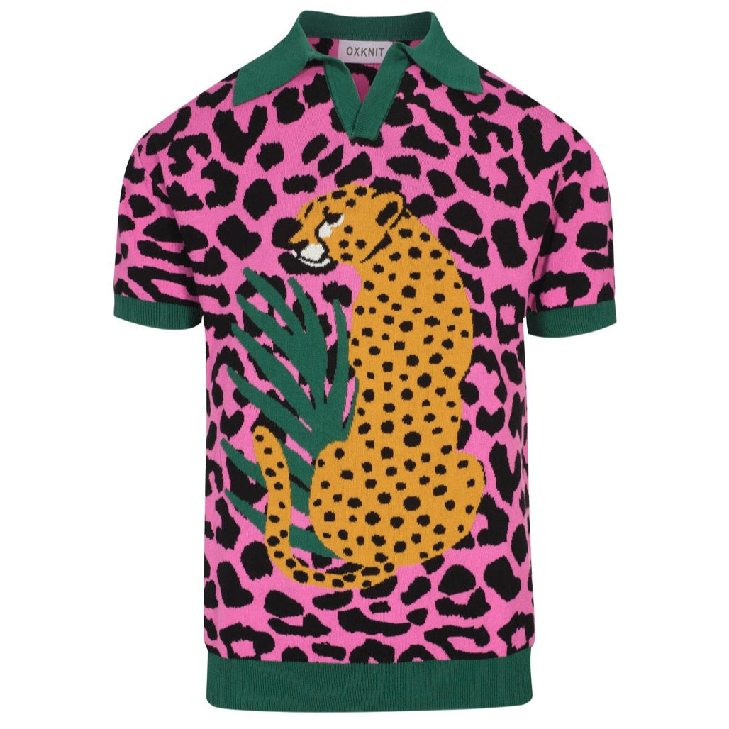 Retro Knitted Polo for Men – Vintage Pink Leopard Print with Cheetah Graphic