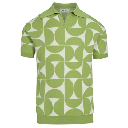 Retro Knitted Polo for Men – Geometric Button-Up Shirt in Vintage Green