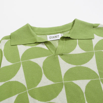 Retro Knitted Polo for Men – Geometric Button-Up Shirt in Vintage Green