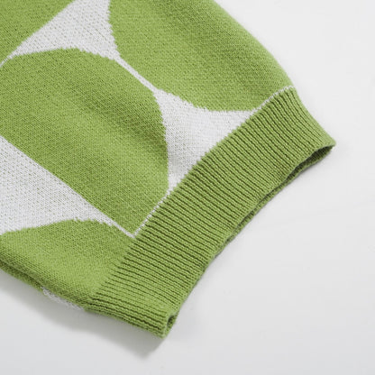 Retro Knitted Polo for Men – Geometric Button-Up Shirt in Vintage Green