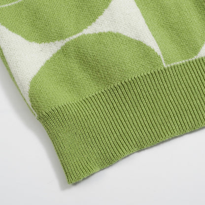 Retro Knitted Polo for Men – Geometric Button-Up Shirt in Vintage Green