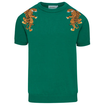 Men's Green Embroidered Retro Animal T-shirt