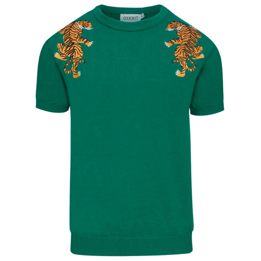 Men's Green Embroidered Retro Animal T-shirt