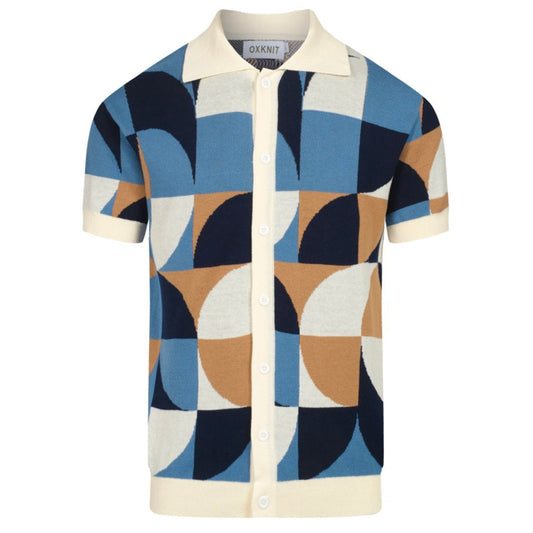 Retro Knitted Shirt for Men – Geometric Buttoned Polo in Vintage Blue