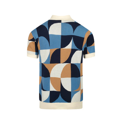 Retro Knitted Shirt for Men – Geometric Buttoned Polo in Vintage Blue
