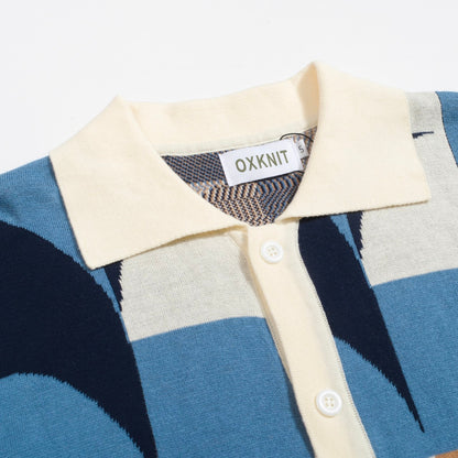 Retro Knitted Shirt for Men – Geometric Buttoned Polo in Vintage Blue