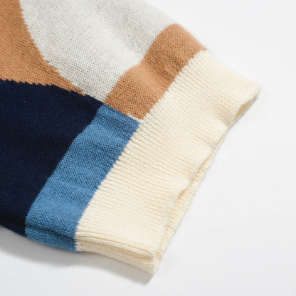 Retro Knitted Shirt for Men – Geometric Buttoned Polo in Vintage Blue