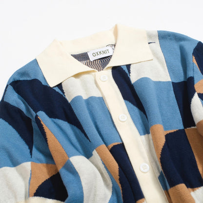 Retro Knitted Shirt for Men – Geometric Buttoned Polo in Vintage Blue