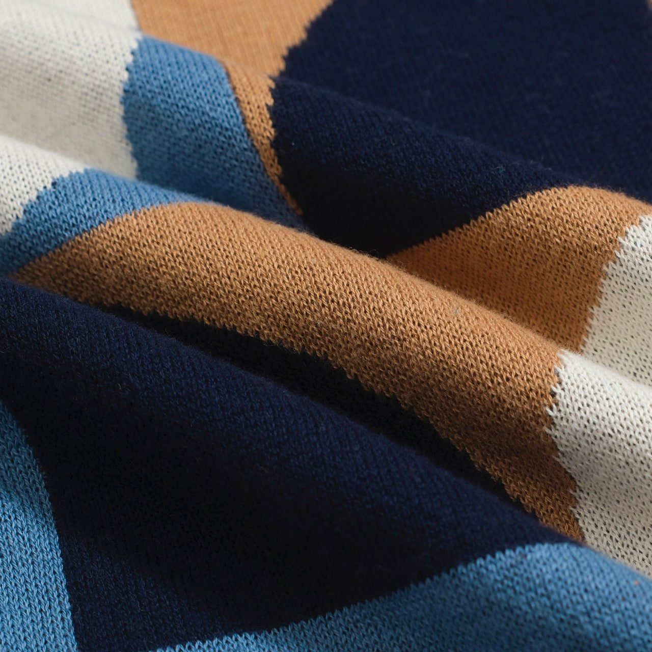 Retro Knitted Shirt for Men – Geometric Buttoned Polo in Vintage Blue