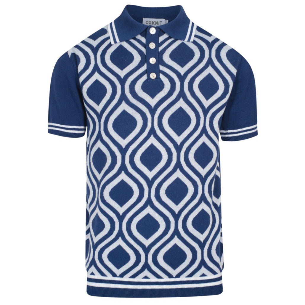 Retro Knitted Polo for Men – Vintage Blue & Geometric Button-Up