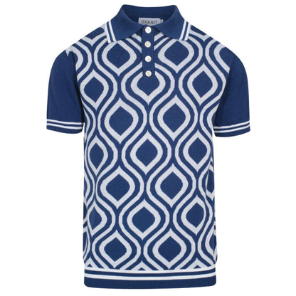 Retro Knitted Polo for Men – Vintage Blue & Geometric Button-Up