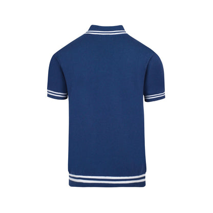 Retro Knitted Polo for Men – Vintage Blue & Geometric Button-Up