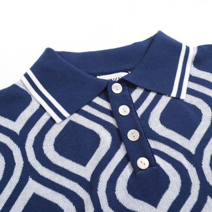 Retro Knitted Polo for Men – Vintage Blue & Geometric Button-Up