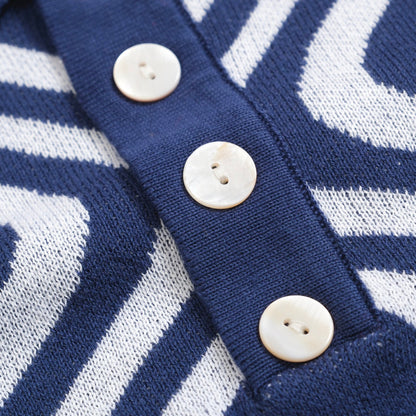 Retro Knitted Polo for Men – Vintage Blue & Geometric Button-Up