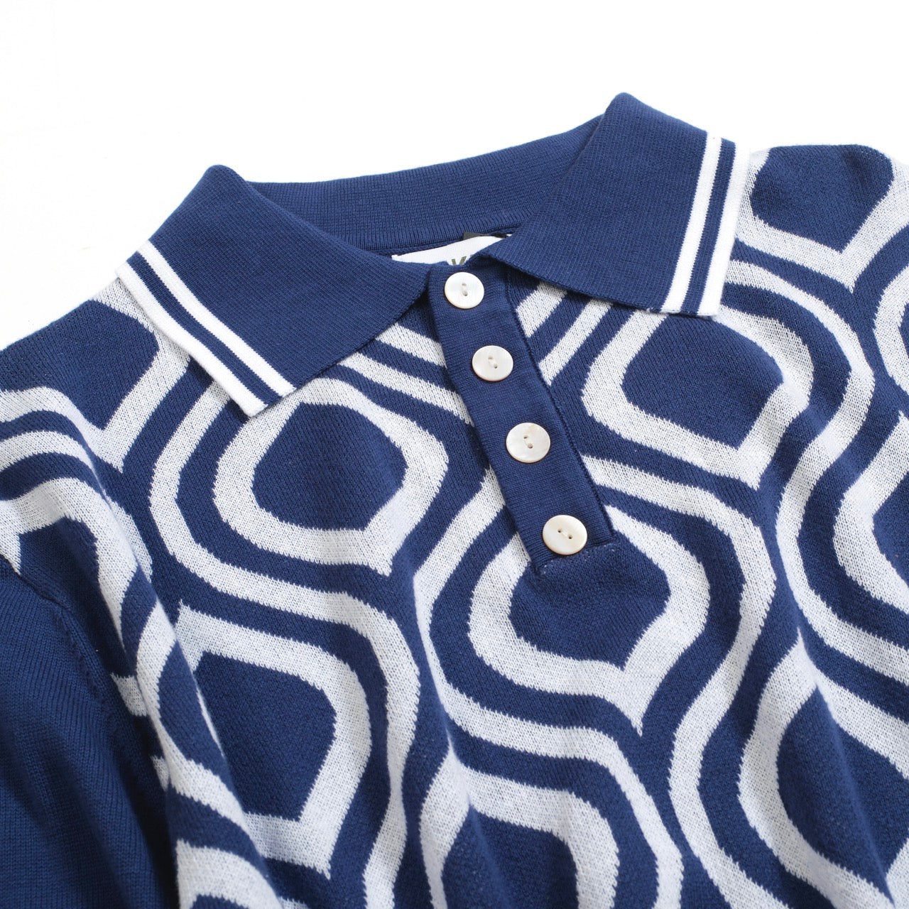 Retro Knitted Polo for Men – Vintage Blue & Geometric Button-Up