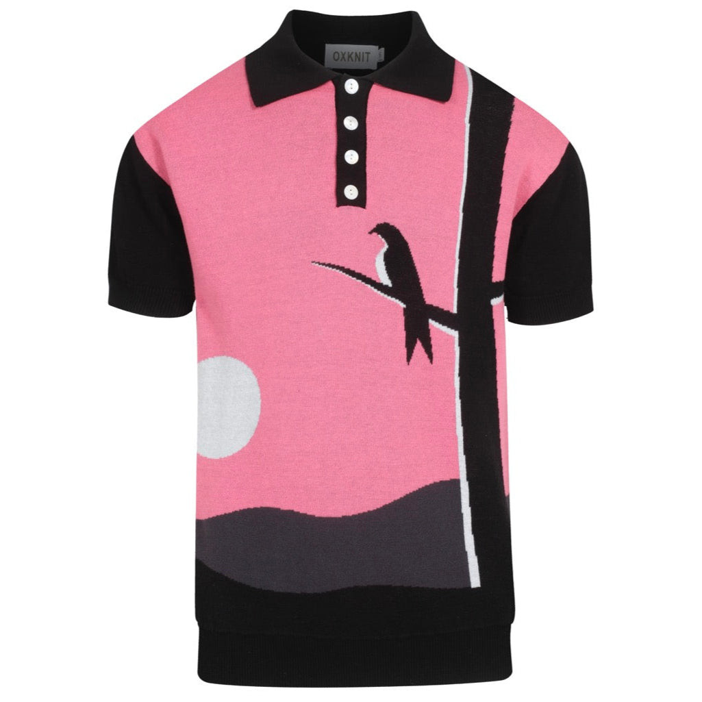 Retro Knitted Shirt for Men – Vintage Pink Button-Up Polo with Bird and Sunset Graphic
