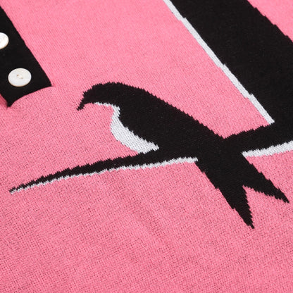 Retro Knitted Shirt for Men – Vintage Pink Button-Up Polo with Bird and Sunset Graphic