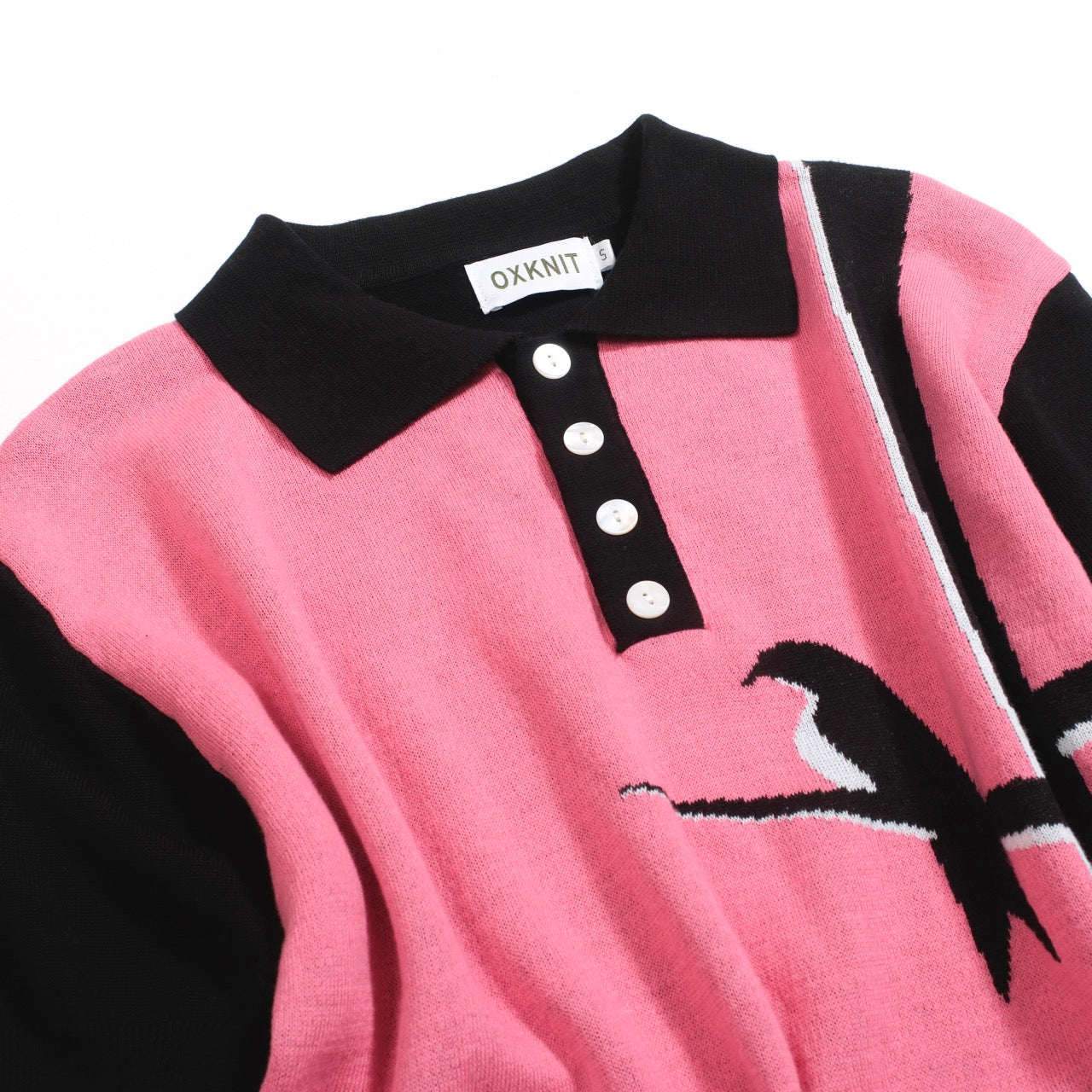 Retro Knitted Shirt for Men – Vintage Pink Button-Up Polo with Bird and Sunset Graphic