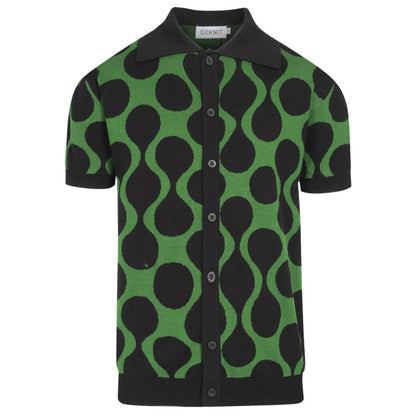 Retro Knitted Shirt for Men – Black & Green Vintage Button-Up Polo with MOD Dot Print