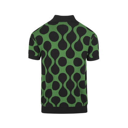 Retro Knitted Shirt for Men – Black & Green Vintage Button-Up Polo with MOD Dot Print