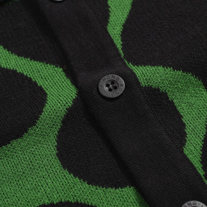 Retro Knitted Shirt for Men – Black & Green Vintage Button-Up Polo with MOD Dot Print