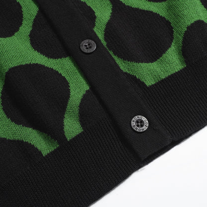 Retro Knitted Shirt for Men – Black & Green Vintage Button-Up Polo with MOD Dot Print