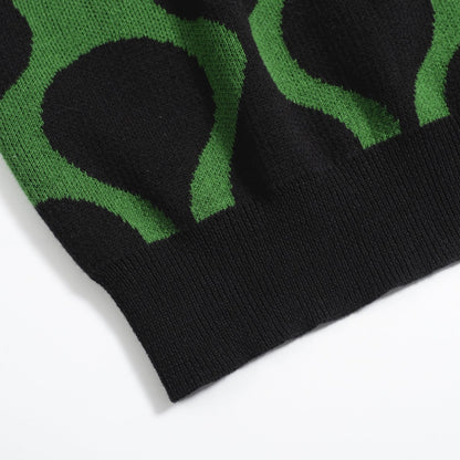 Retro Knitted Shirt for Men – Black & Green Vintage Button-Up Polo with MOD Dot Print