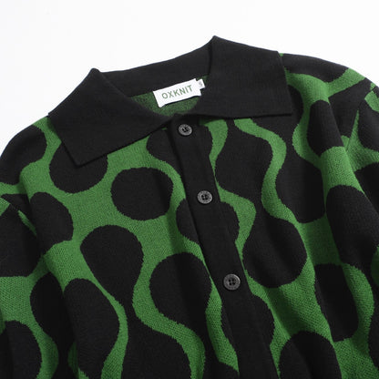 Retro Knitted Shirt for Men – Black & Green Vintage Button-Up Polo with MOD Dot Print