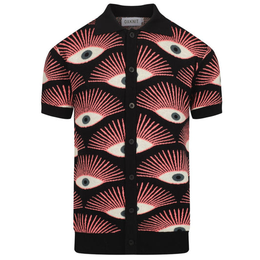 Psychedelic Knitted Shirt for Men – Black Button-Up Shirt with All-Seeing Graphic Print - Designed by Carrie Cantwell