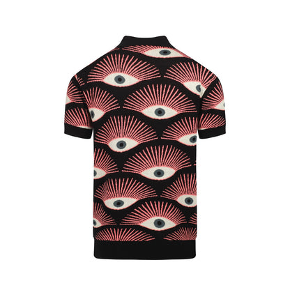 Psychedelic Knitted Shirt for Men – Black Button-Up Shirt with All-Seeing Graphic Print - Designed by Carrie Cantwell