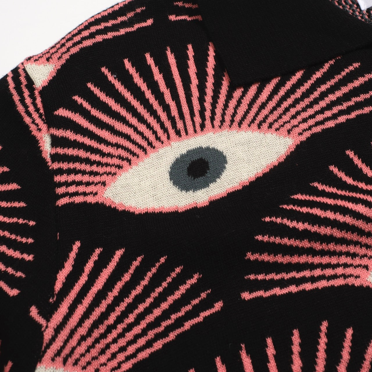 Psychedelic Knitted Shirt for Men – Black Button-Up Shirt with All-Seeing Graphic Print - Designed by Carrie Cantwell