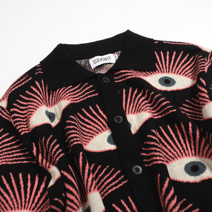 Psychedelic Knitted Shirt for Men – Black Button-Up Shirt with All-Seeing Graphic Print - Designed by Carrie Cantwell