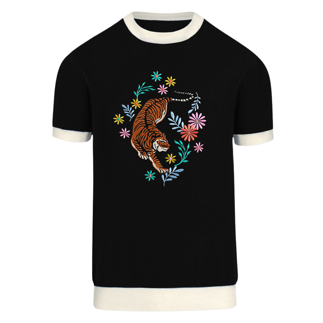 Black Embroidered Tiger Knit T-shirt for Men