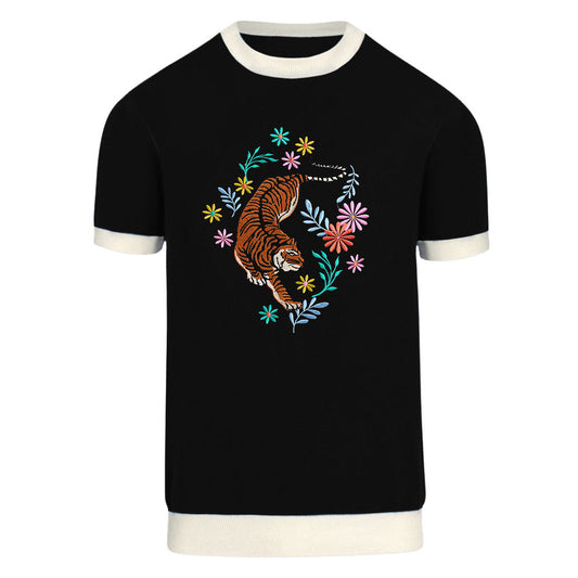 Black Embroidered Tiger Knit T-shirt for Men