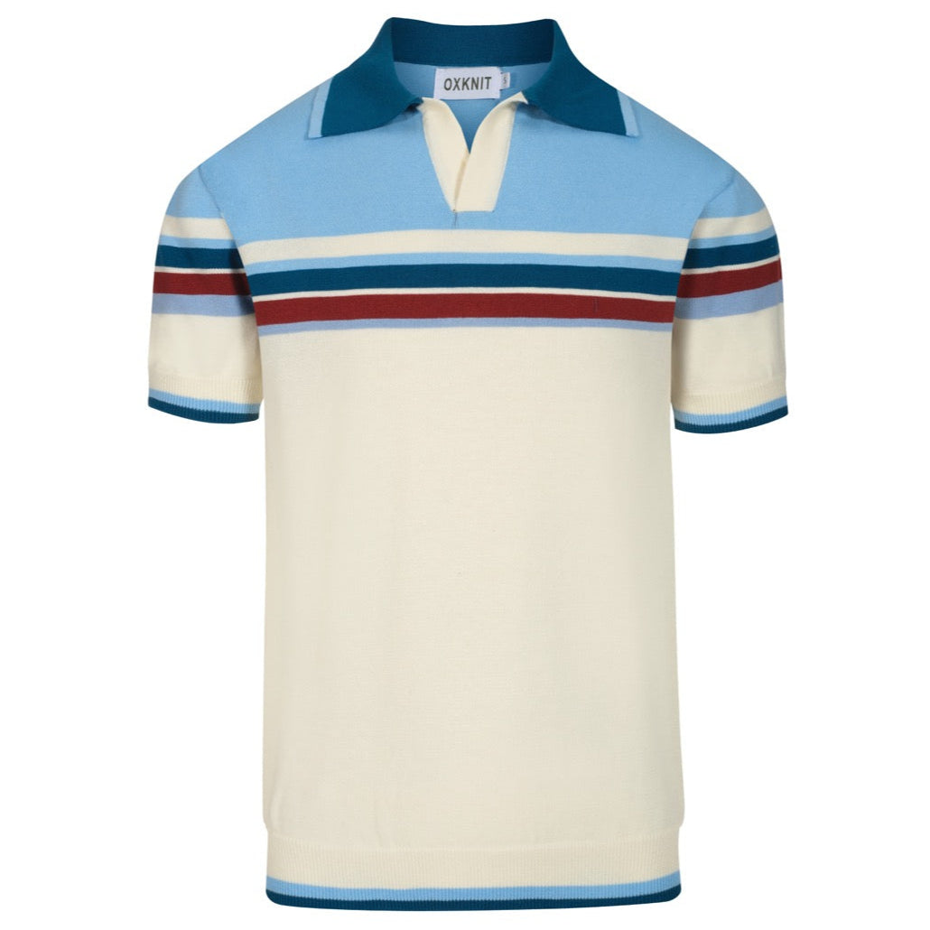 Men's Blue Striped V-Neck Retro Polo