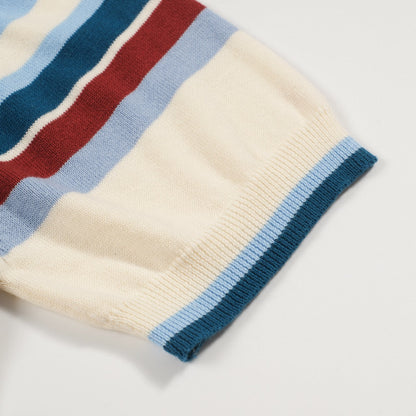 Men's Blue Striped V-Neck Retro Polo