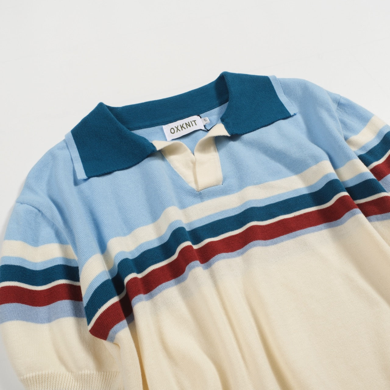 Men's Blue Striped V-Neck Retro Polo