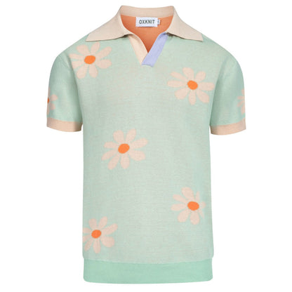 Men's Vintage Knitted V-Neck Polo, Green Flowers