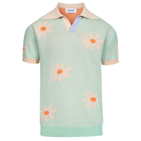 Men's Vintage Knitted V-Neck Polo, Green Flowers