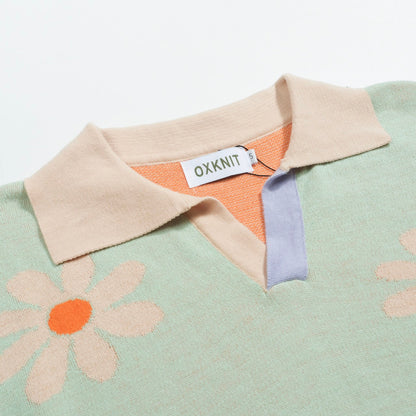 Men's Vintage Knitted V-Neck Polo, Green Flowers