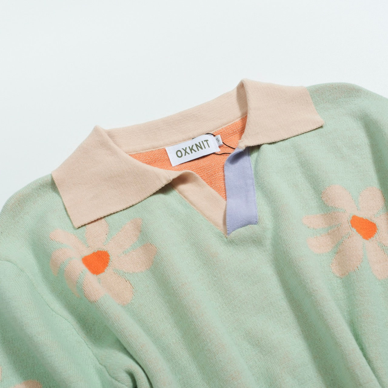 Men's Vintage Knitted V-Neck Polo, Green Flowers