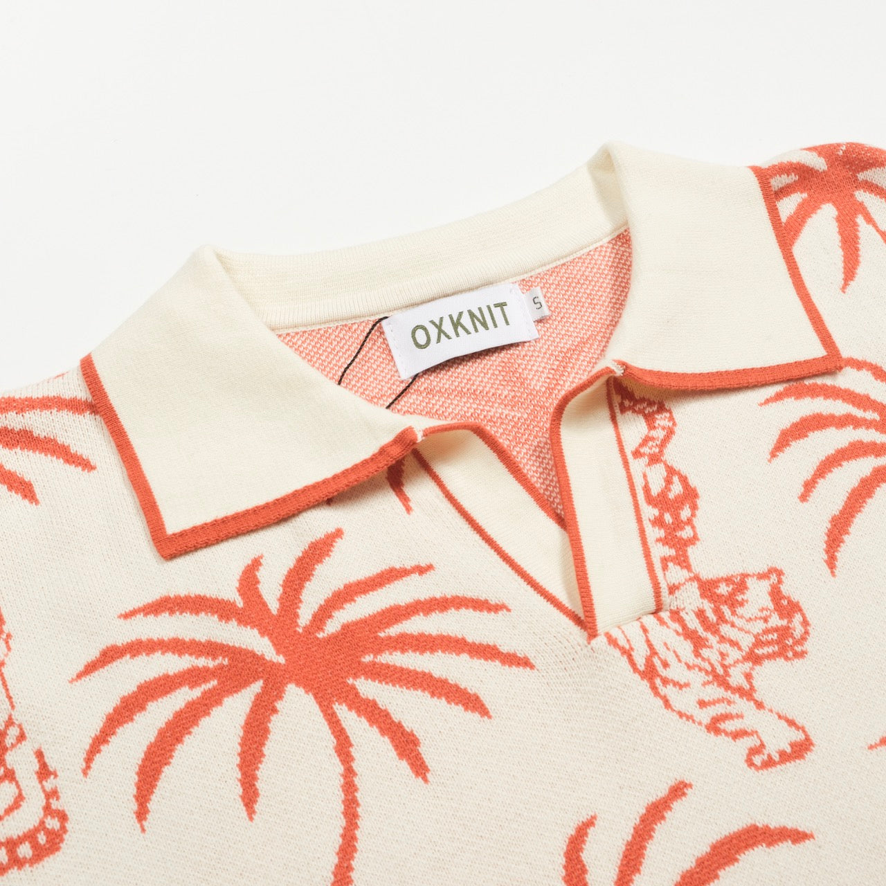 White Cotton V-Neck Jacquard Knit Polo for Men with Palm and Tiger Pattern