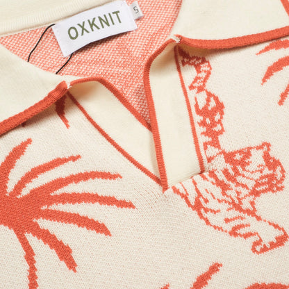 White Cotton V-Neck Jacquard Knit Polo for Men with Palm and Tiger Pattern