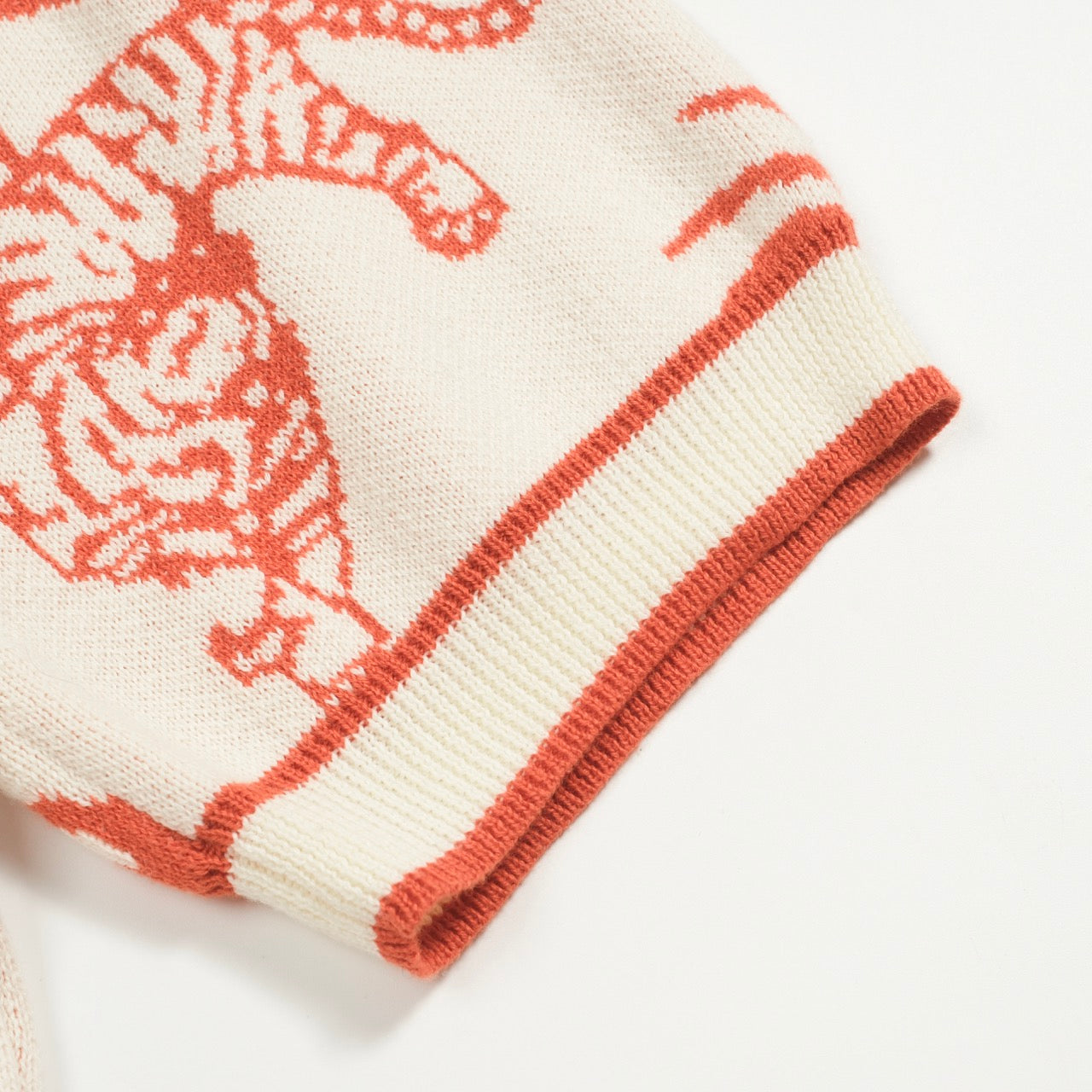 White Cotton V-Neck Jacquard Knit Polo for Men with Palm and Tiger Pattern