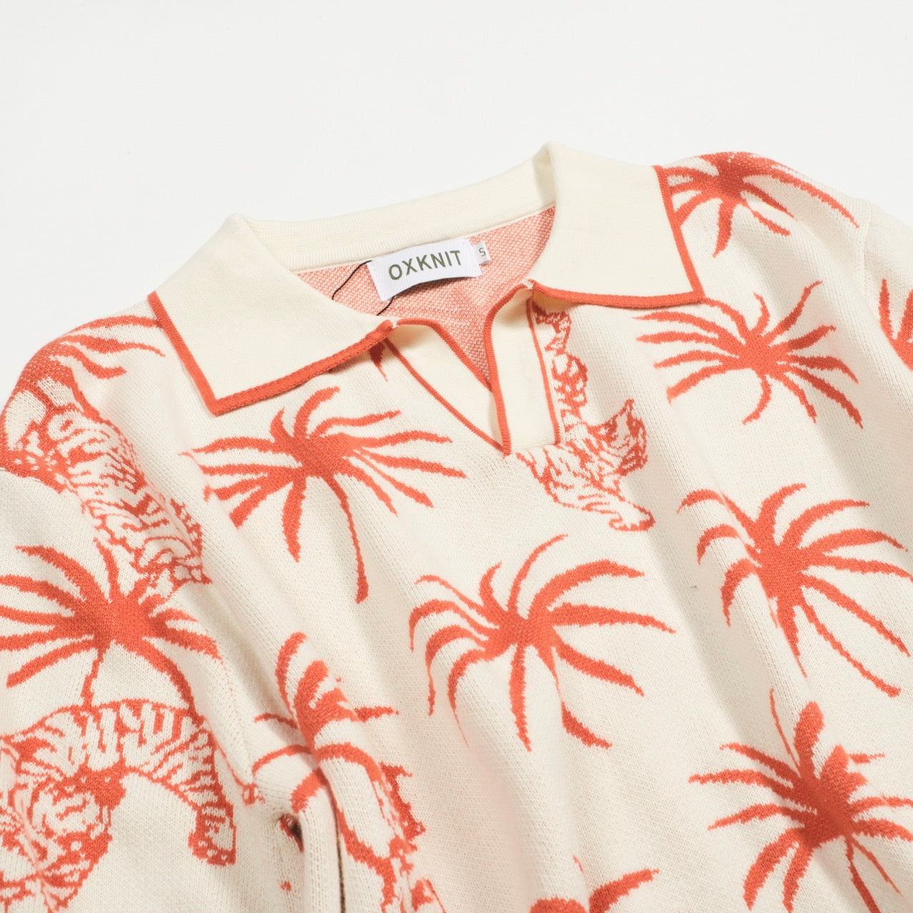 White Cotton V-Neck Jacquard Knit Polo for Men with Palm and Tiger Pattern