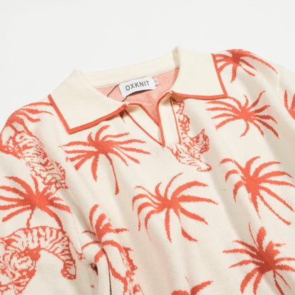 White Cotton V-Neck Jacquard Knit Polo for Men with Palm and Tiger Pattern