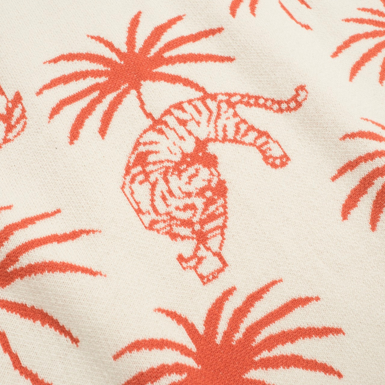 White Cotton V-Neck Jacquard Knit Polo for Men with Palm and Tiger Pattern