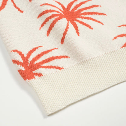 White Cotton V-Neck Jacquard Knit Polo for Men with Palm and Tiger Pattern