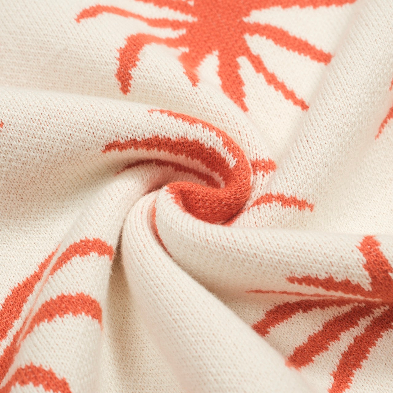 White Cotton V-Neck Jacquard Knit Polo for Men with Palm and Tiger Pattern