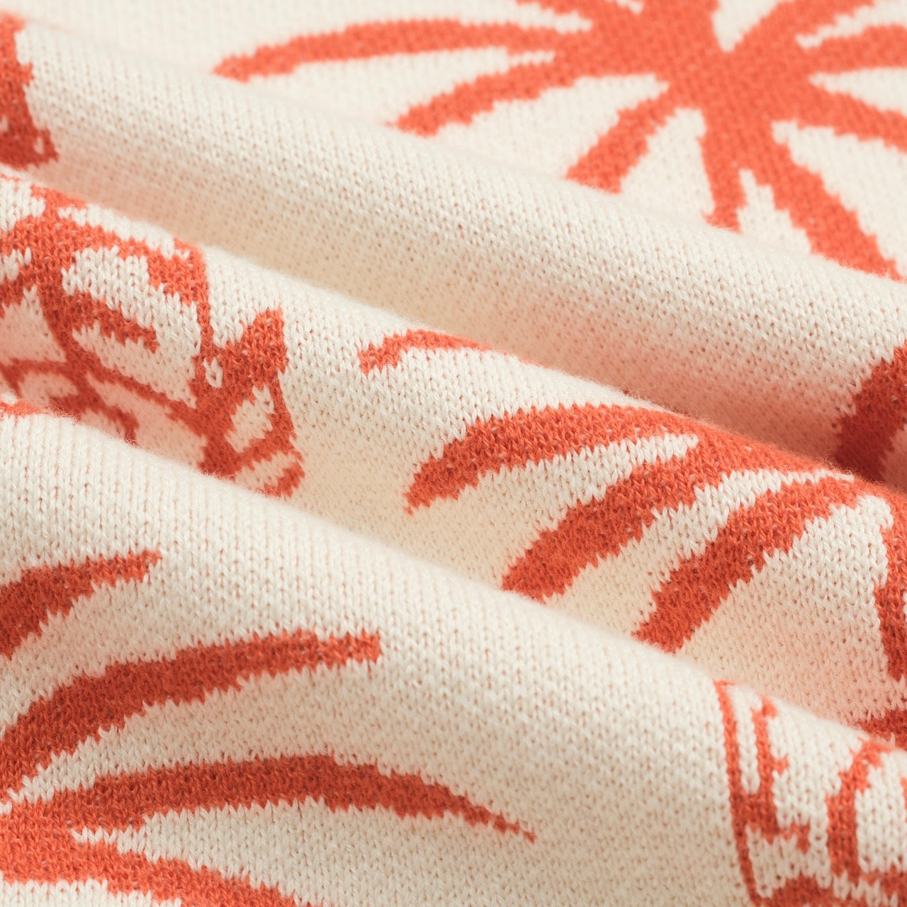 White Cotton V-Neck Jacquard Knit Polo for Men with Palm and Tiger Pattern